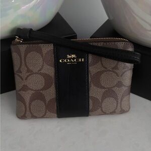 COACH Brown Signature Canvas Wristlet with Black Leather Trim